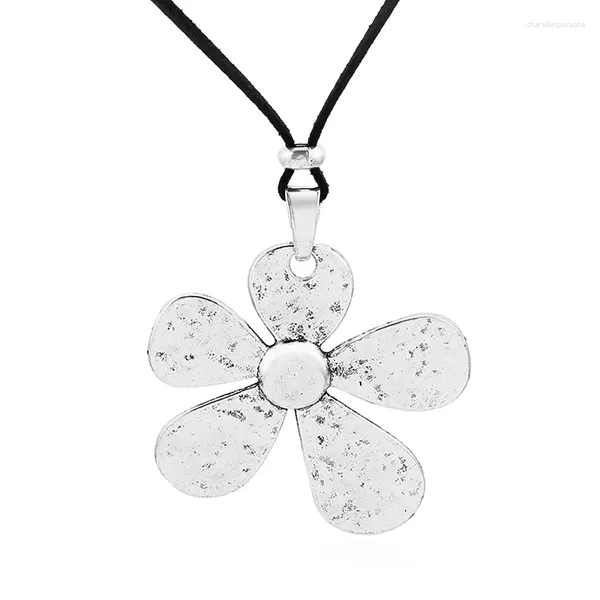 Collane a sospensione in argento tibetano grande martellato a astratto da solare fiore collana nera in pelle scamosciata in pelle in pelle di corda in pelle regalo