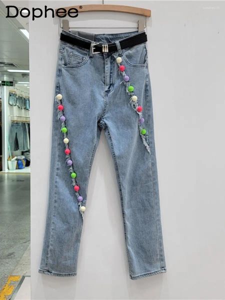 Kadınlar Kot ağır endüstri püskül dikiş renk topu düz kadın yüksek bel ince fit sigara pantolon bahar yaz denim pantolon