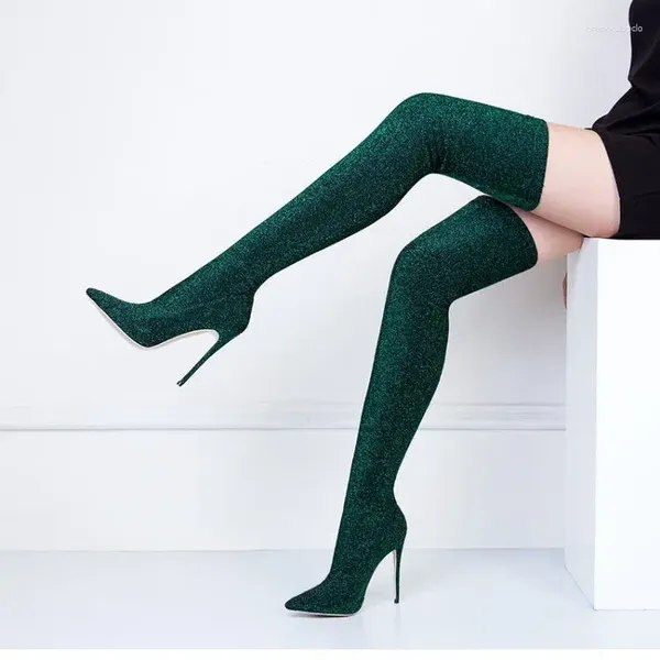 Boots 2024 Fashion Glitter Fabric Женщины растягивают бедро сексуальные заостренные пальцы