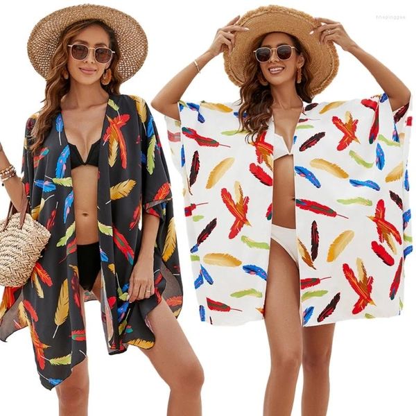 Costumi da bagno femminile copertina in bikini copertine con stampa piuma coverup estate-beach costume da bagno sciolto a metà manica