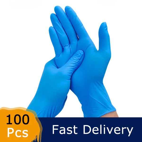 Handschuhe 100pcs Handschuhe Nitril Lebensmittelqualität wasserdichte Küchenhandschuhe dickere blaue Nitrilhandschuhe Pulver Latex frei Einweghandschuhe