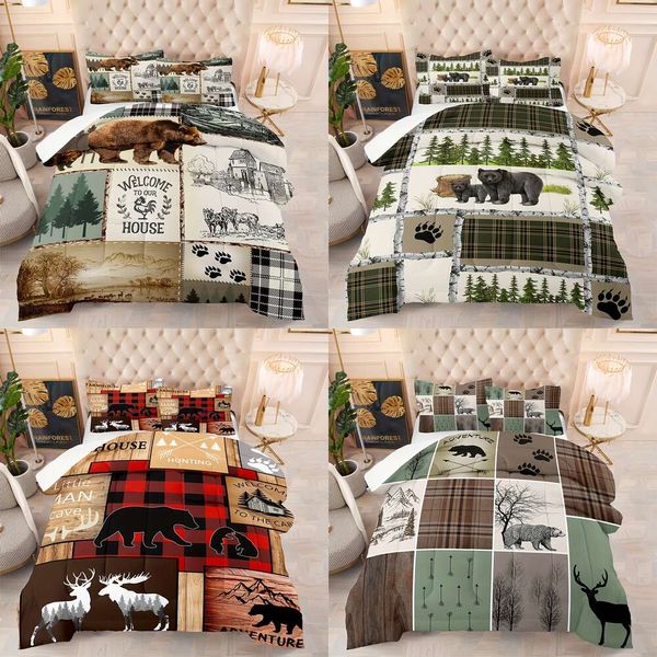 Duvet Cover 2/3pcs Mode Rustikaler Waldbraun Bären Jungle Elch-Druckbettwäsche, weiche komfortable und hautfreundliche Bettdecke für Schlafzimmer, Gästezimmer (1*Bettdecke +