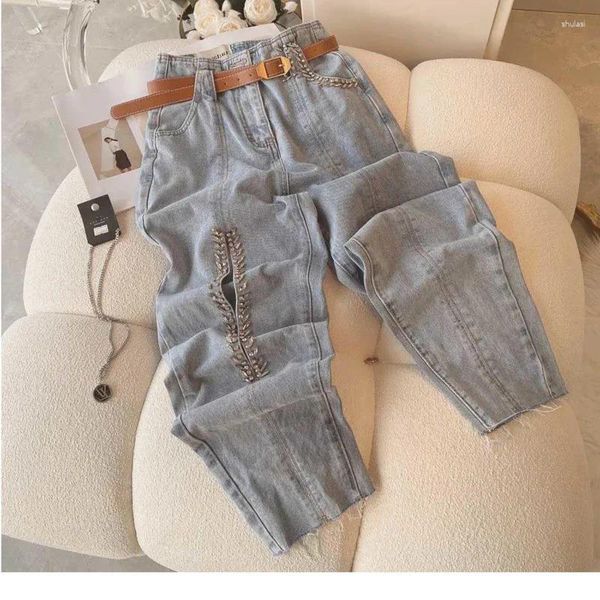 Jeans femininos Design de outono Sense Pesado unhas Holcadas de jeans soltas Pantagens retas Personalidade Mulheres de cintura alta