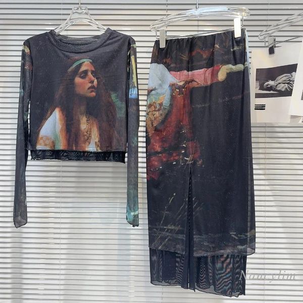Arbeitskleider 2024 Sommercharakter bedruckt Doppelschicht Mesh T-Shirt handbemalte Rock Dünne Outfits für Frauen 2 Stück Anzug