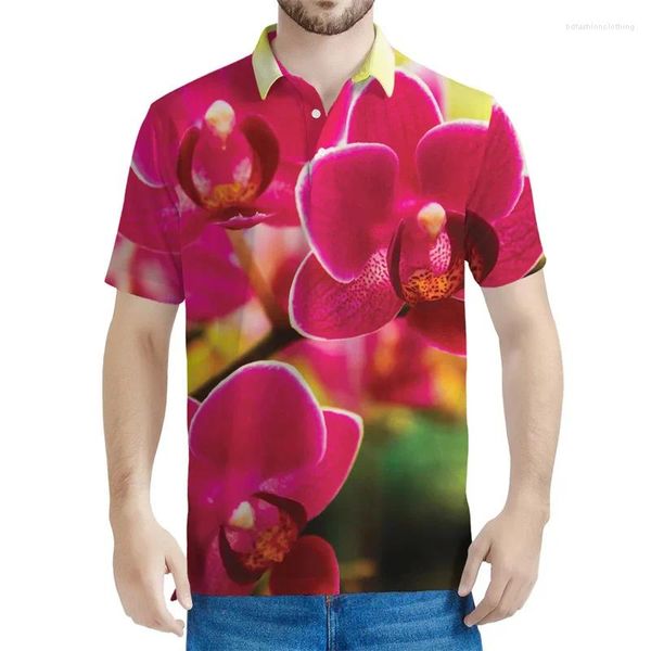 Polos de polos masculinos colorido orquídea flor gráfica pólo pólo masculino 3D Plantas impressas camisetas florais de botão solto mangas curtas Camisas de lapela