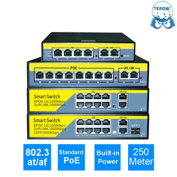 Switches Terow POE Gigabit Switch 4/8 Port 100/1000Mbit/s Standard -POE für IP -Kamera 250m Blitzschutz mit UPLINK/SFP