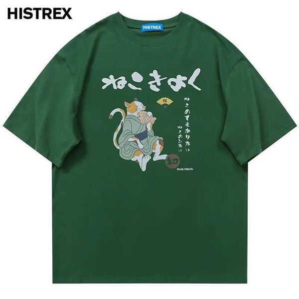 Camisetas masculinas 2023 harajuku homens tsshirtjapanese kanji gato engraçado gato algodão camisetas