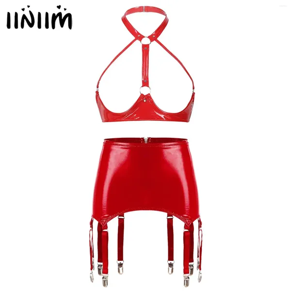 Bras Define lingerie erótica feminina define o sutiã sem costas de backless copos abertos de brassiere sem arame com ligas com zíper Patent Leather Clubwear