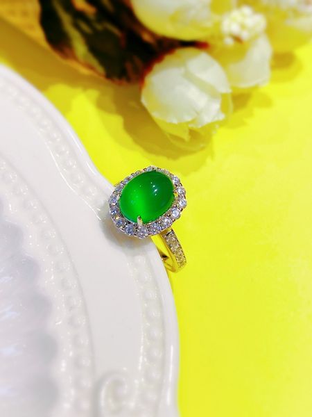 Vising Jewelry Brasilian Green Chalcedony Ring com forte ovo de pombo de ágata radiante compara Ice Jade S925 Silver