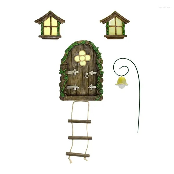 Estatuetas decorativas Janela e porta de casa de fadas em miniatura para árvores brilham no jardim de arte escura do jardim de escultura do jardim