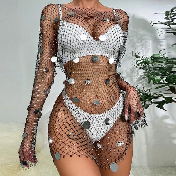 Lässige Kleider Glitzer Kristall Strassnetzkleid für Frauen sexy Fishnet durch hohl durch hohles Pailletten Hals Langarm Mini Party