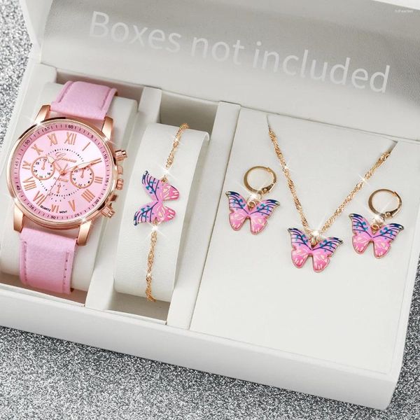 Avanadores de punho 4pcs/set Genebra Women's Women Fashion Leather Strap Quartz Butterfly Jewelry Set (sem caixa)