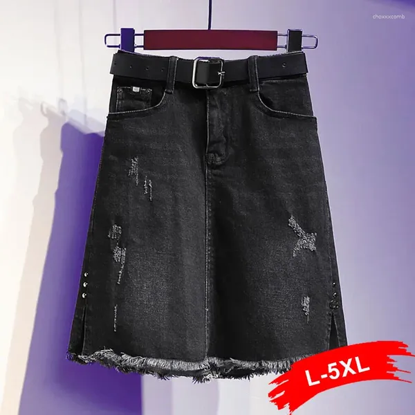 Saias estéticas borla de borla casual jeans curto preto xxl verão cravejado de A-line A-line Salia de jeans com cinto grátis