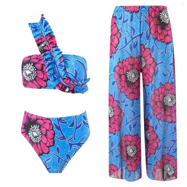 Menas de banho feminina briga de um maiô One ombro 3 peças conjuntos de bikinis praia Mulheres 2024 estampa floral biqunis High Swimming Bathing