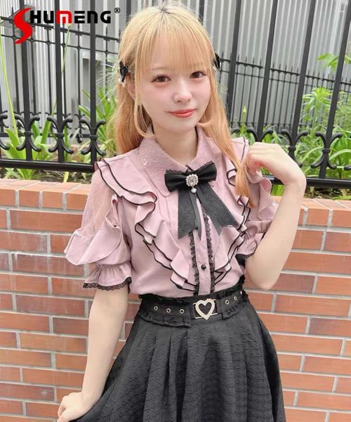Frauenblusen Rojita Japanische Minen-Mine-Hemd Frau 2024 Sommer Lolita Girl Bogenspitze Doppelschichtige Off-the-Shoulder-Bluse für Frauen