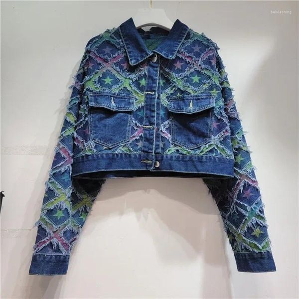 Frauenjacken Frauen Stars Plaids Fransen Denim Jacke farbige Geometrie Jeans Mantel Frühling Autumn Cowboy Strickwarenstreet Crop Tops