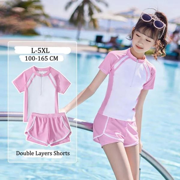 Badebekleidung Doppelschichten Shorts Girls Badebekleidung Twopieces Anzüge Summer Beach Kleidung L5XL Kinder Kurzfilm Badeanzug für Mädchen rosa, schwarz