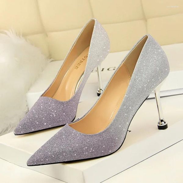 Отсуть обувь женщин 8,5 см высокого каблука блески блески свадебные свадебные блестящие розовые насосы леди фетиш -фиолетовые скарпины стриптизерша сексуальные