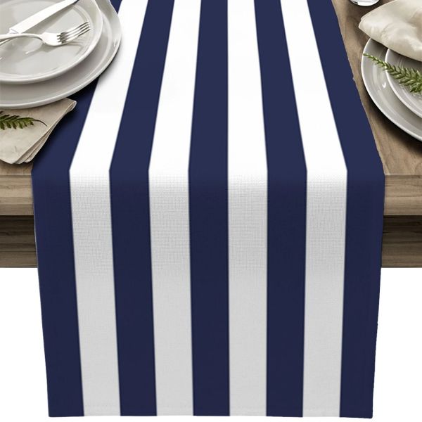 Pads Navy Blue White Stripes Stable Runner Home свадебный флаг коврик центральные центральные украшения вечеринка столовая длинная ткань