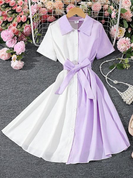 Abiti da ragazza Abito di giunzione abito adolescenti abiti da ragazza manica corta 8 9 10 11 12y moda casual abbigliamento bianco-viola tutu bambini