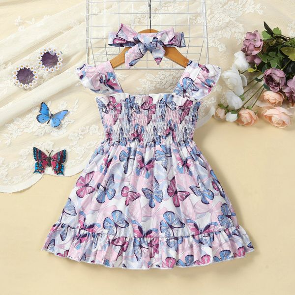 Vestidos 2pcs adoráveis vestidos de borboleta estampa fábrica de cabeça arco para meninas 2023 roupas recém -nascidas infantis de verão