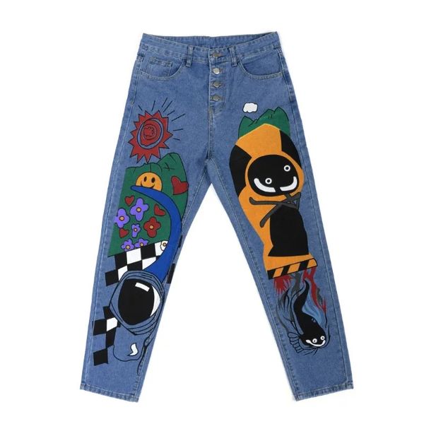 American Jeans Herumn Y2K Damenhose Einbruste Jeans Frauen High-T-T-T-T-Jeans-Cartoon-Print Harem Hosen 240430