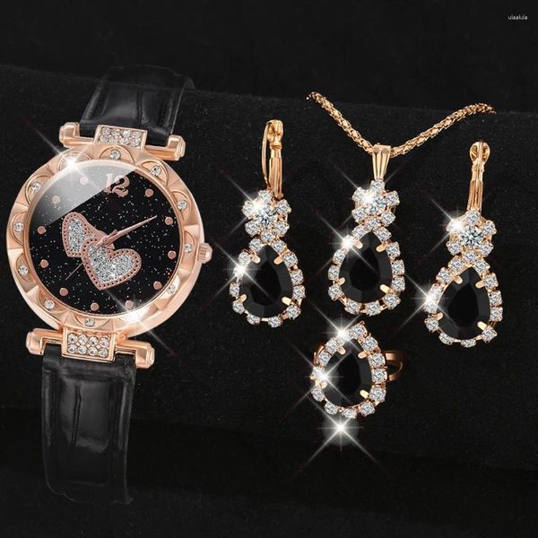 Начатые часы Женские 6pcs/Set Double Love Watch Casual Fashion Quartz смоделирован кожа и ювелирные изделия PU Подарок для девочек