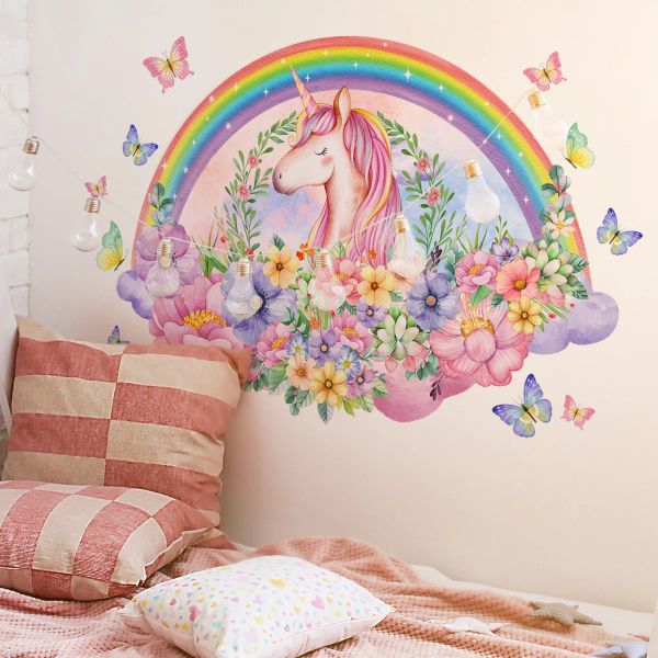 Aufkleber Regenbogen rosa Einhorn Blume Wand Aufkleber Wohnzimmer Baby Mädchen Schlafzimmer Kinder Mädchen Tapete Einhorn Wandaufkleber für Kinderzimmer