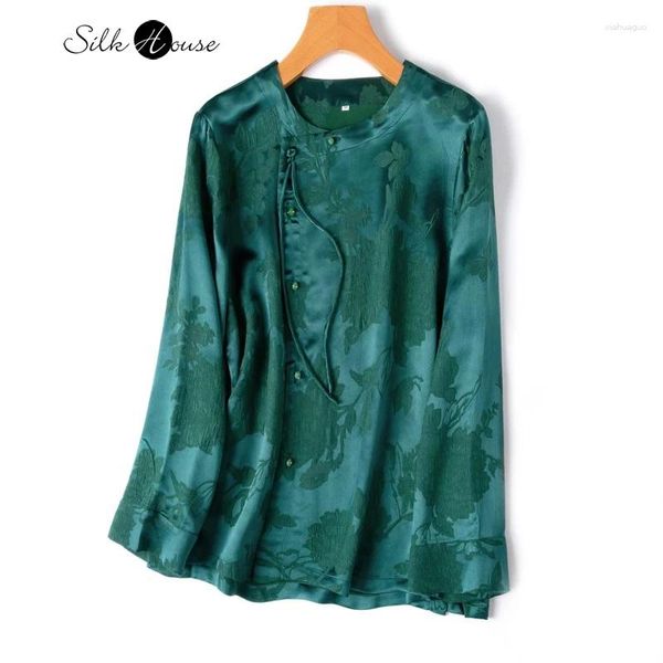 Frauenblusen 2024 Mode chinesische Stil Peacock Grün 30 mm Schwergewicht 50%natürliche Maulbeer -Seiden Relief Feeling Guanle Satinhemd