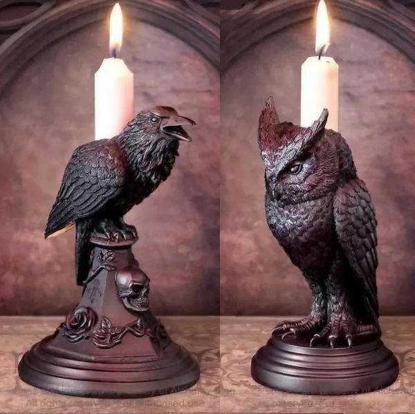 Halter Halloween Gothic Crow Candlestick Ornamente Harzzimmer Dekor Antique Eulen Figuren Dekoration Statue Home Dekoration Accessoires