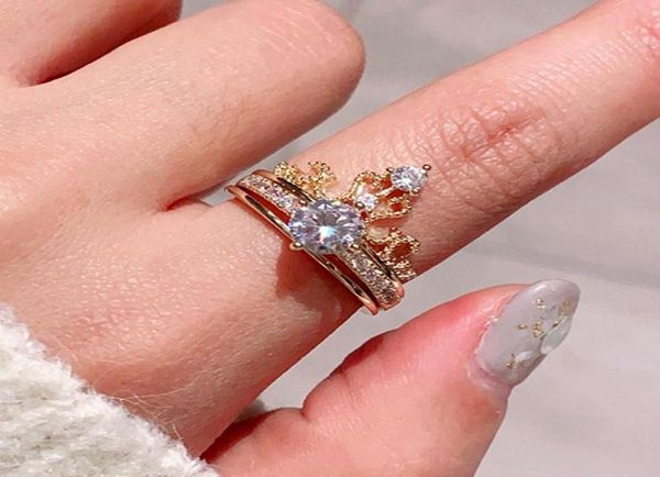 Anelli a grappolo Affascinante Apertura della corona d'oro reale 14K per donne Design regolabile Bellissima gioielli lucidi per la festa di matrimonio zircone Gift8974177