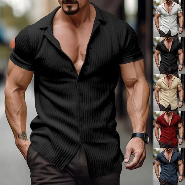 Camisas casuais masculinas de cor sólida listrada de lapela de mangas curtas de mangas curtas Slim Fit for Summer Street Trends