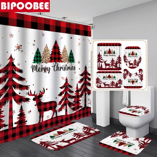 Cortinas Elk Cortes de chuveiro de árvore de Natal para banheiro Decoração de festival de banheiro Merry Natal Banho tapetes de tapete NONSLIP CABE