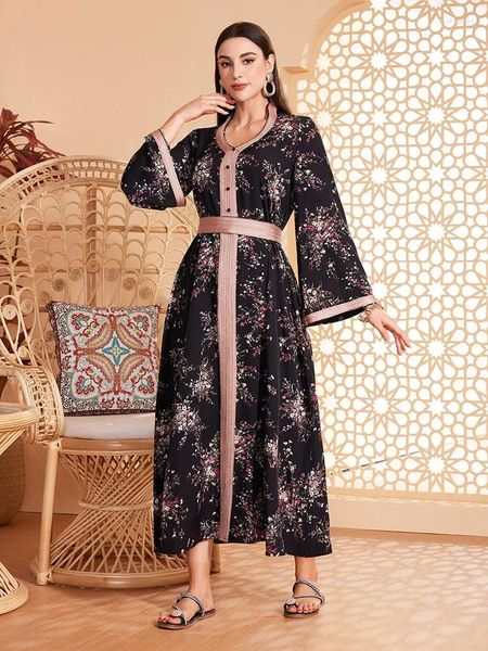 Abbigliamento etnico Stampa floreale Abayas Women Marocain Kaftan Dubai Turchia Abito arabo saudita Abito musulmano Eid Djellaba Femme