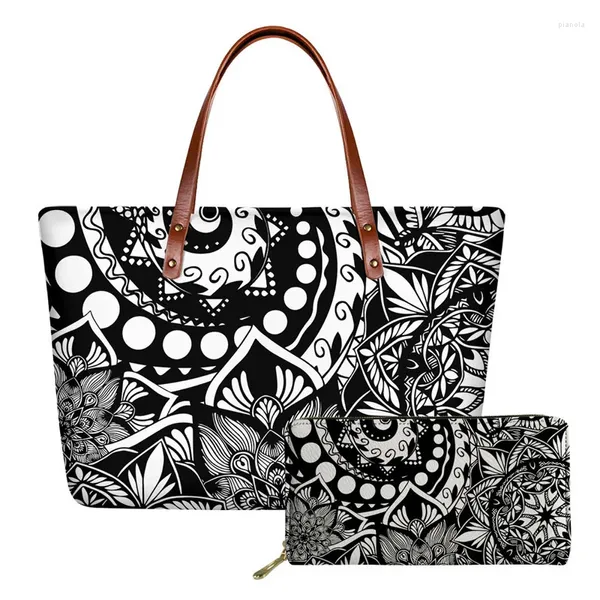 Çanta Vintage Tribal Mandala Çiçek Baskılı 2 PCS Kadın Lüks Çantası ve Uzun Pu Cans bayanlar Yumuşak Tote Sac A Main