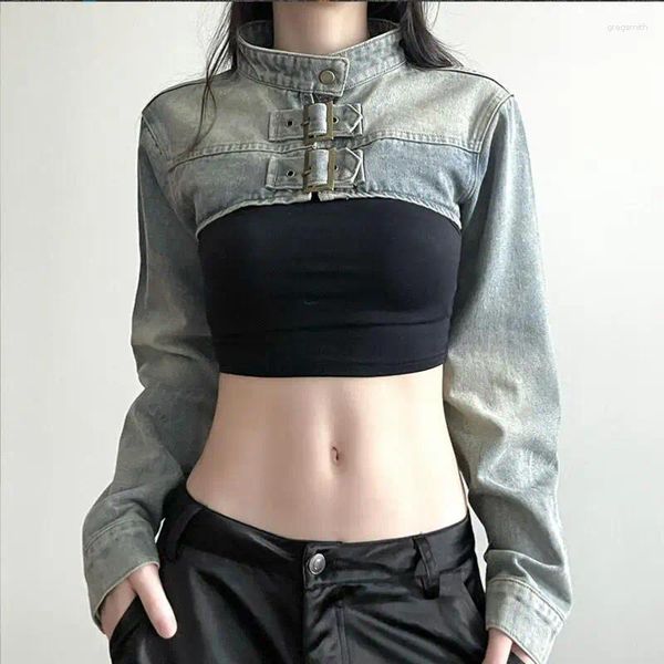 Giacche da donna Donna Short Denim Patchwork Cardigan Tops Design a maniche lunghe Grunge Cyber Punk Stand Collar Full Zip Cropped Giacca Y2K W948