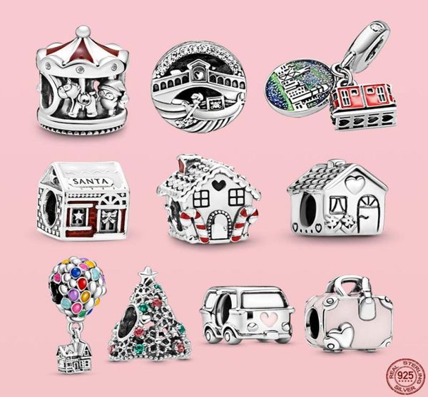 925 Silver Fit Charm 925 Bracelet Scirecling House Suitcase Car Home Charms Set Подвеска Diy Fine Beads Jewelry5730465