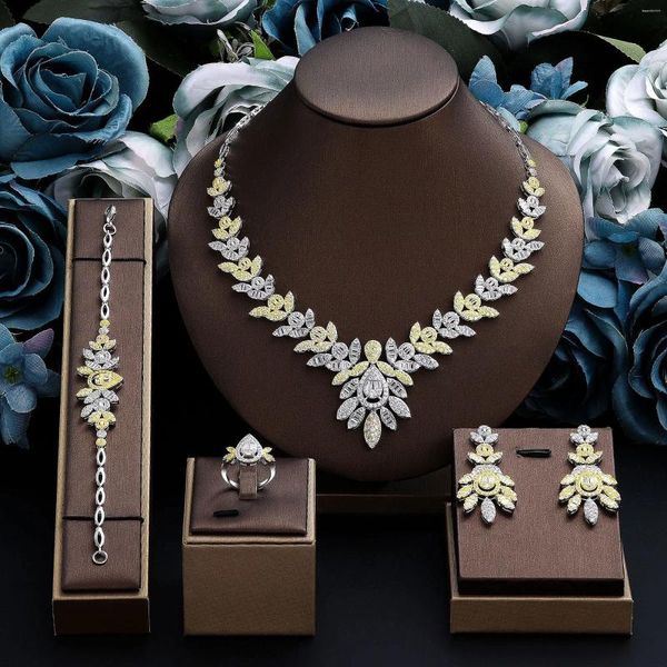 Brincos de colar Conjunto 2024 folhas douradas de 4 peças para mulheres CZ Zircônia Dubai Nigéria Nigéria Jóias de casamento Acessórios para presentes