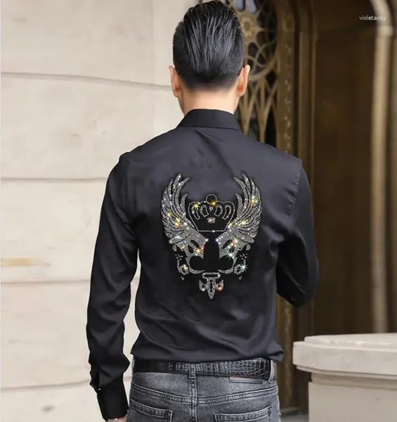 Мужские платья рубашки черные топы пуловерные стразы панк -одежда капля хип -хоп свитер корейский
