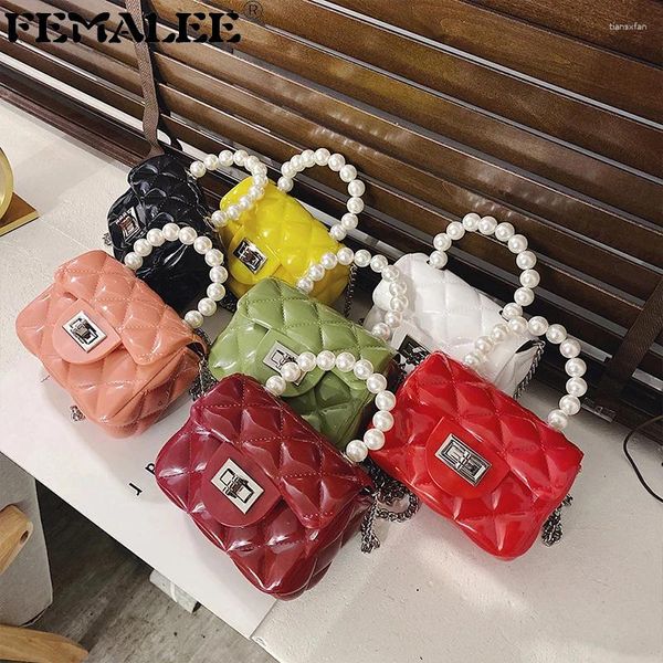 Umhängetaschen süßer Mini Perlengriff kleine quadratische Geldbörsen Frauen Gelee Handtaschen PVC Diamond Gitterkette Crossbody Bag Mädchen Clutch Wallet Wallet