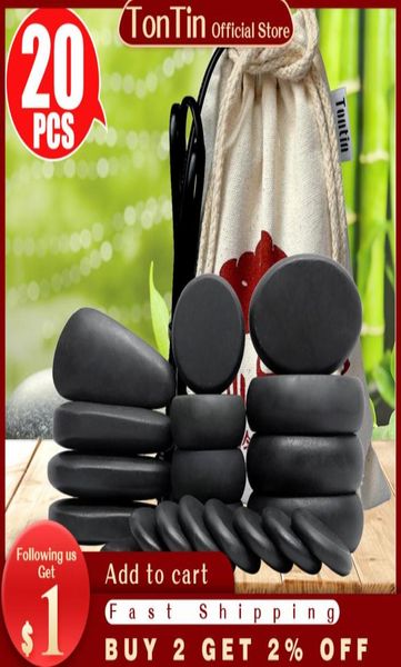 Tontin 20pcsSet Stone Massage Set Set Box Box смягчить стресс спину боли в области здравоохранения лава базальтовый круглый массажный инструмент Stones1811863