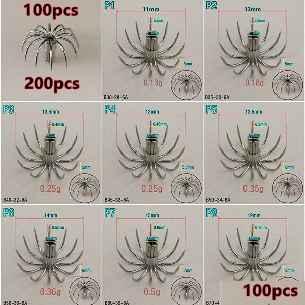 Ganchos de pesca 100pcs 200pcs aço inoxidável pequeno pula de lula P Fishhook P1-P8 Acessórios para isca de chile do chile Jig Pesca 240108 OTFDQ