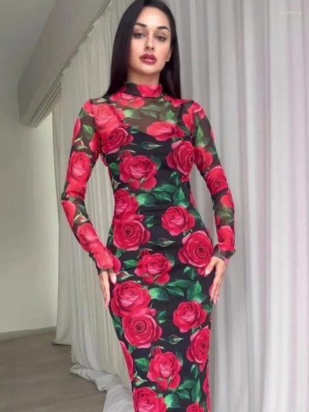 Vestidos casuais 2024 Flores vermelhas da primavera Impresso no meio da panela para mulheres elegantes