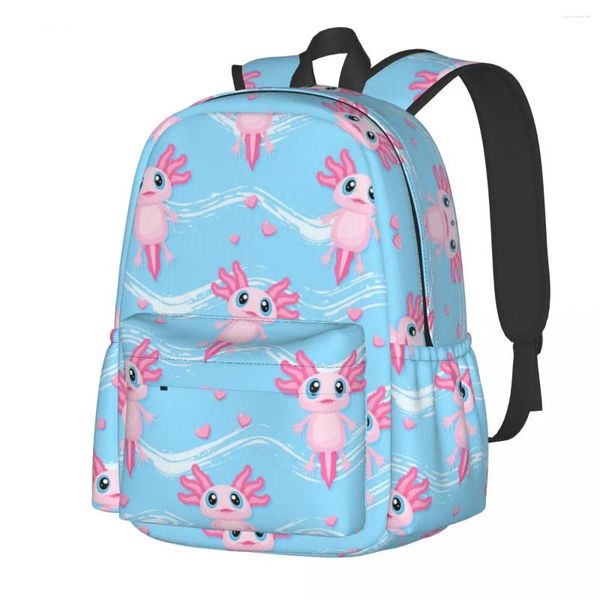 Backpack fofo rosa axolotl animais ondulados acampando mochilas juvenil bolsas de escola casual designer large rucksack