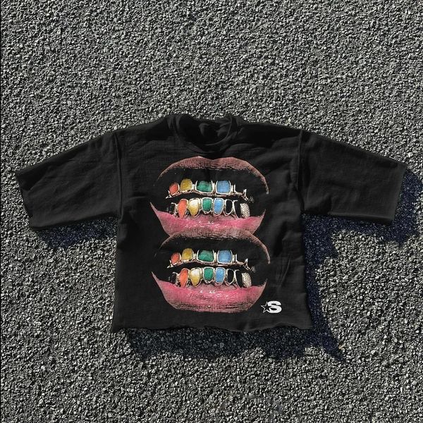 Tirina de rua Y2K Harajuku Hip Hop Teeth Impressão gráfica de camisetas de tamanho grande masculino de algodão redondo de algodão curta de manga curta 240504