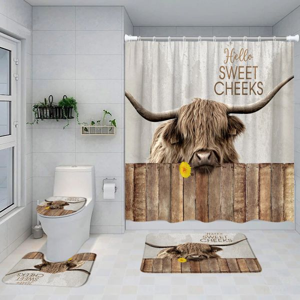 Cortinas engraçadas Highland Cattle Cattle Curtain Conjunto de vaca amarelo flor amarela Marrota de madeira decoração de banheiro de banheira de tapete de tapete de tapete de banheiro