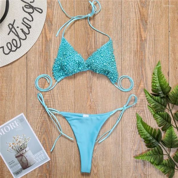 Swimwear femminile 2024 perle perle da bagno a due pezzi Donne Halter Spalla in pizzo sexy reggiseno perizoma bikini da bagno