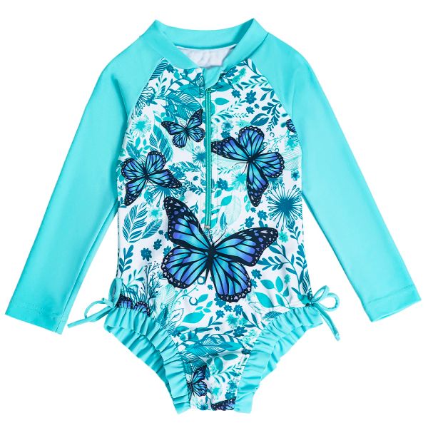 Badebekleidung Schwimmkostüme für Mädchen Langarm Butterfly Design Badeanzug Hawaiianer Badeanzug Kinder ein Stück Schnell trockene Badebekleidung