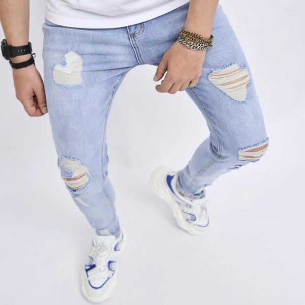 Jeans masculinos Men orifícios elegantes lavam o moto magro de moto magro de algodão angustiado.