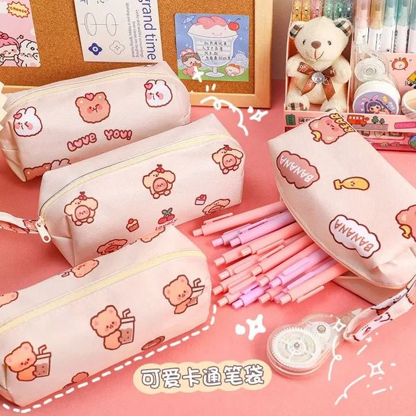 Cartoon Little Bear Canvas Bleistift Hülle große Kapazität Bleistiftkoffer Desktop Stationerie Organisieren Aufbewahrungstasche